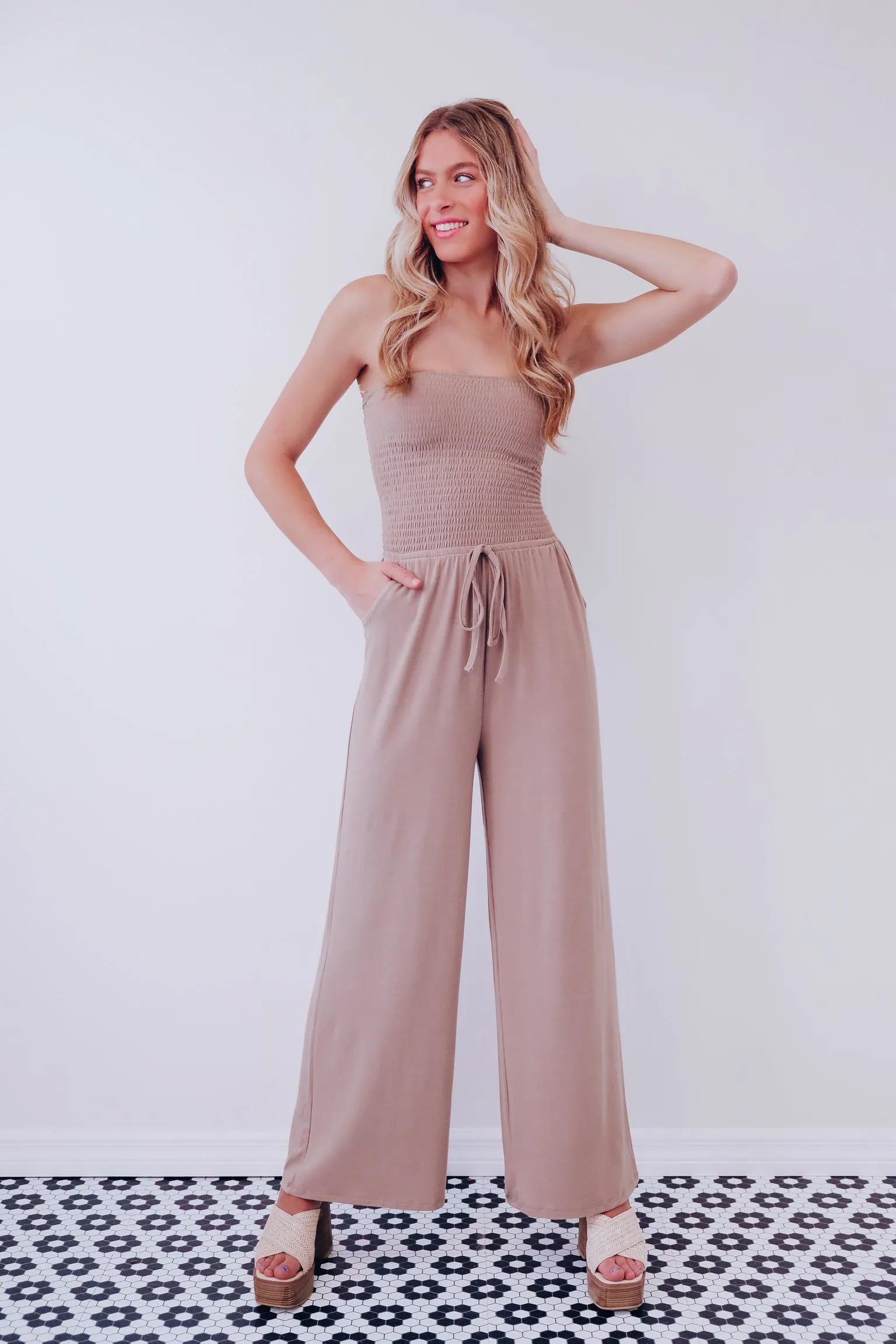 Sia Strapless Wide Leg Jumpsuit - Mocha