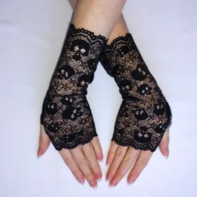 Skull Fingerless Lace Gloves Black Widow Vampire