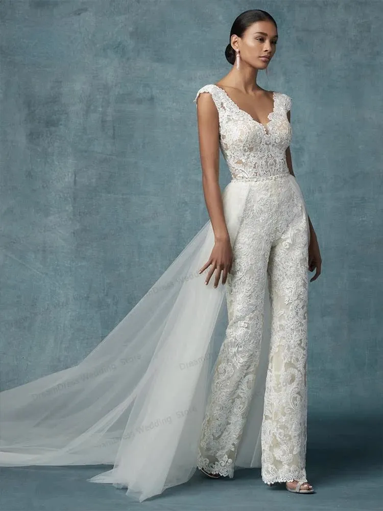 Sleeveless Lace Boho Bridal Wedding Dress Jumpsuit With Detachable Train