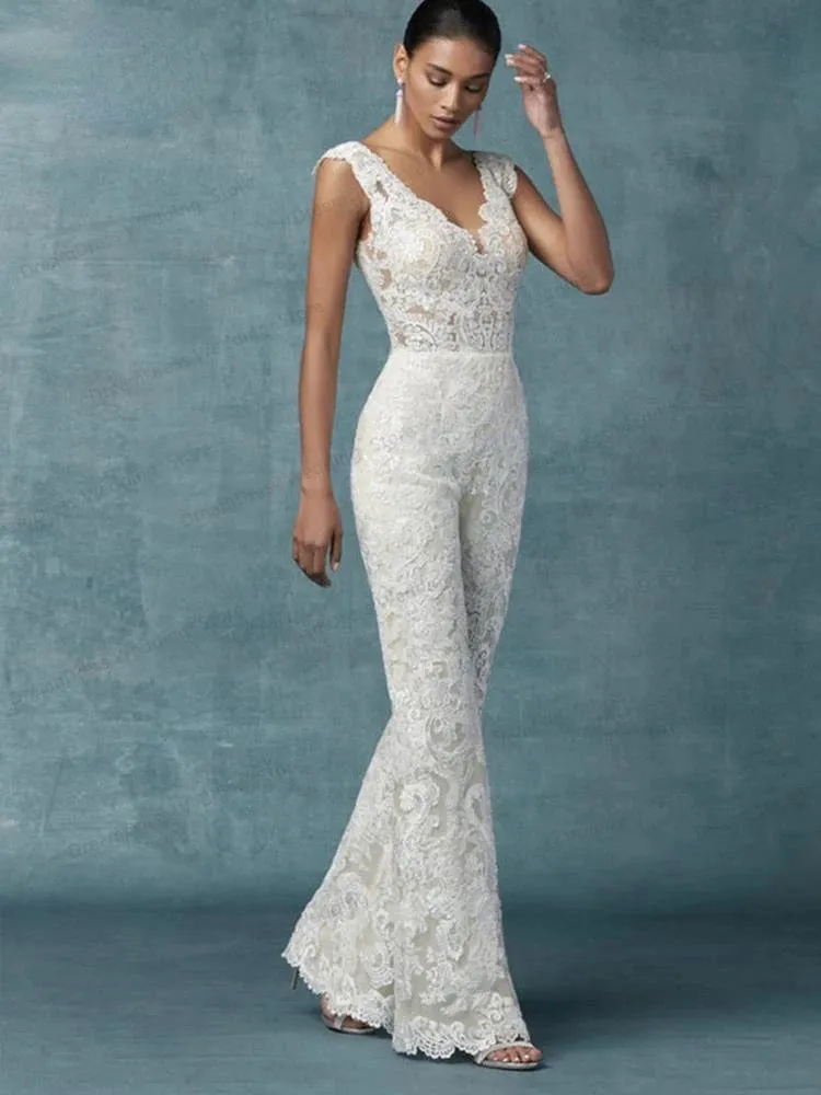 Sleeveless Lace Boho Bridal Wedding Dress Jumpsuit With Detachable Train