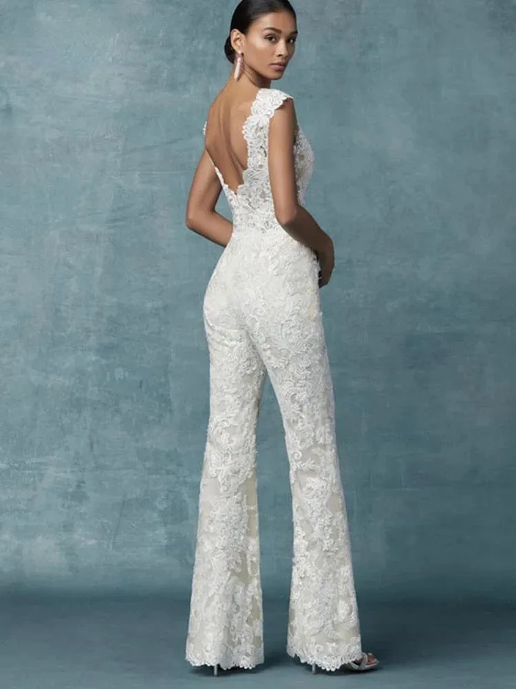 Sleeveless Lace Boho Bridal Wedding Dress Jumpsuit With Detachable Train