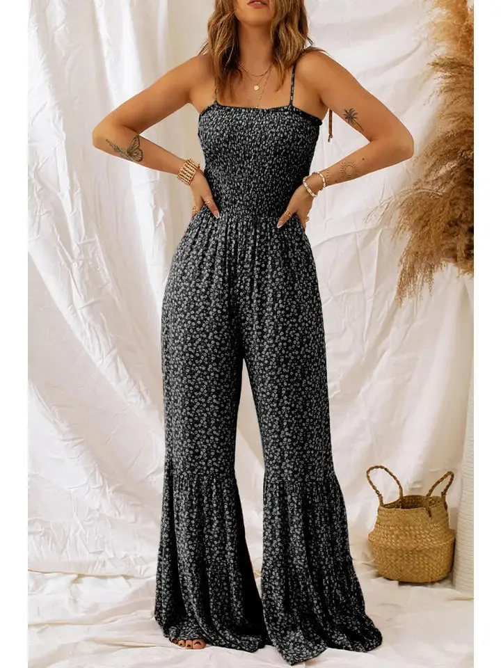 Smocked Bodice Wide Leg Floral Jumpsuit