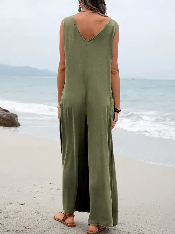 Solid color patch pocket fashion jumpsuit V-neck overalls wide-leg trousers