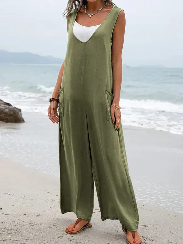 Solid color patch pocket fashion jumpsuit V-neck overalls wide-leg trousers