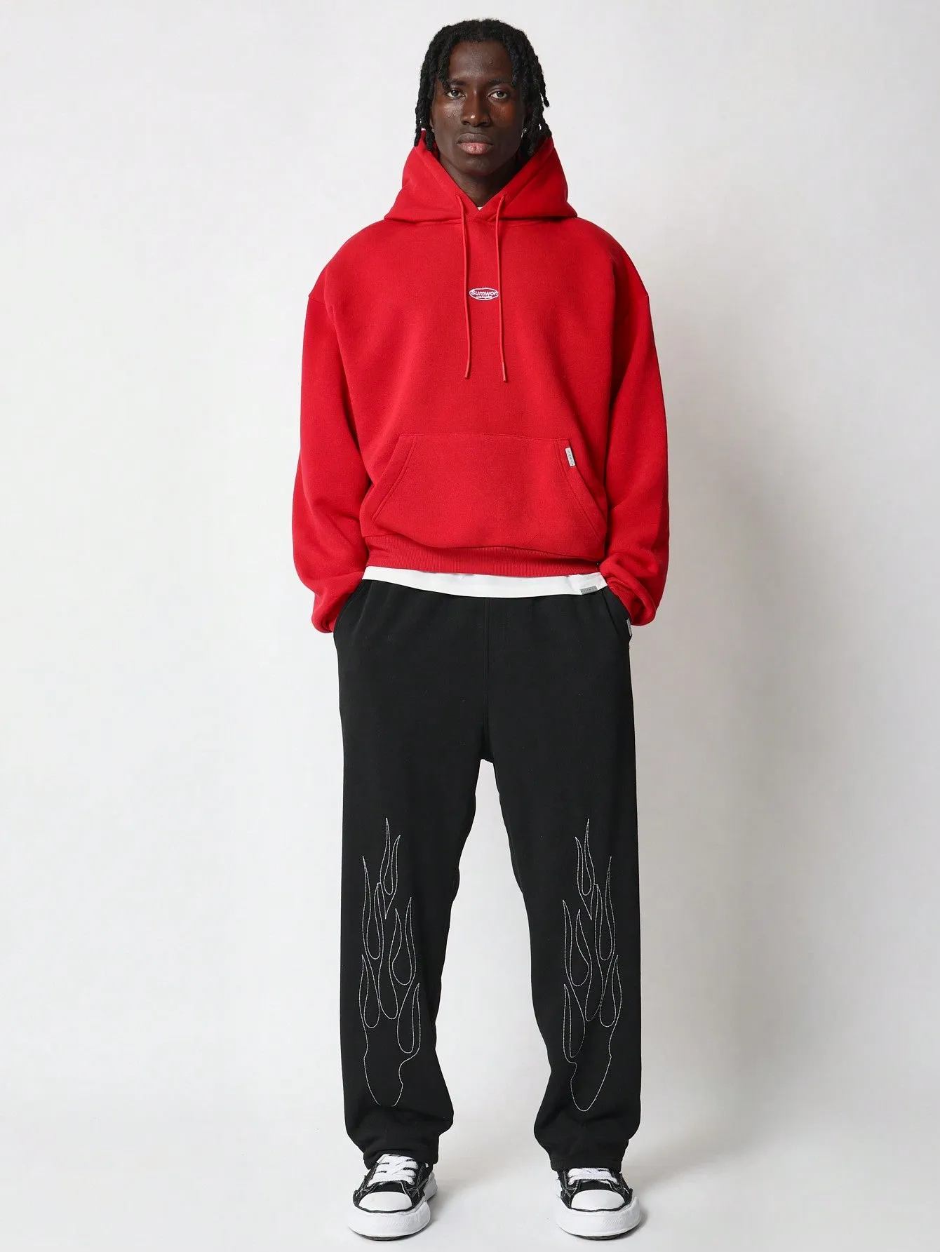 Straight Fit Drop Crotch Sweatpants With Embroidered Flame