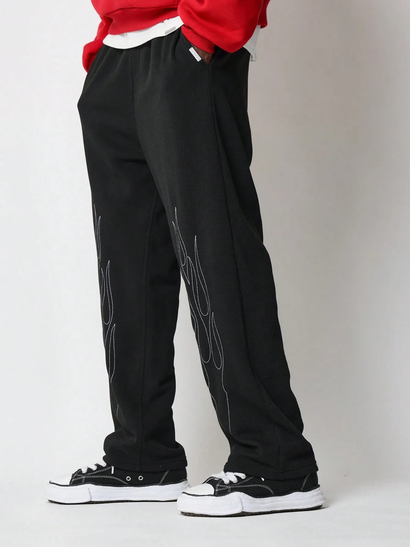 Straight Fit Drop Crotch Sweatpants With Embroidered Flame