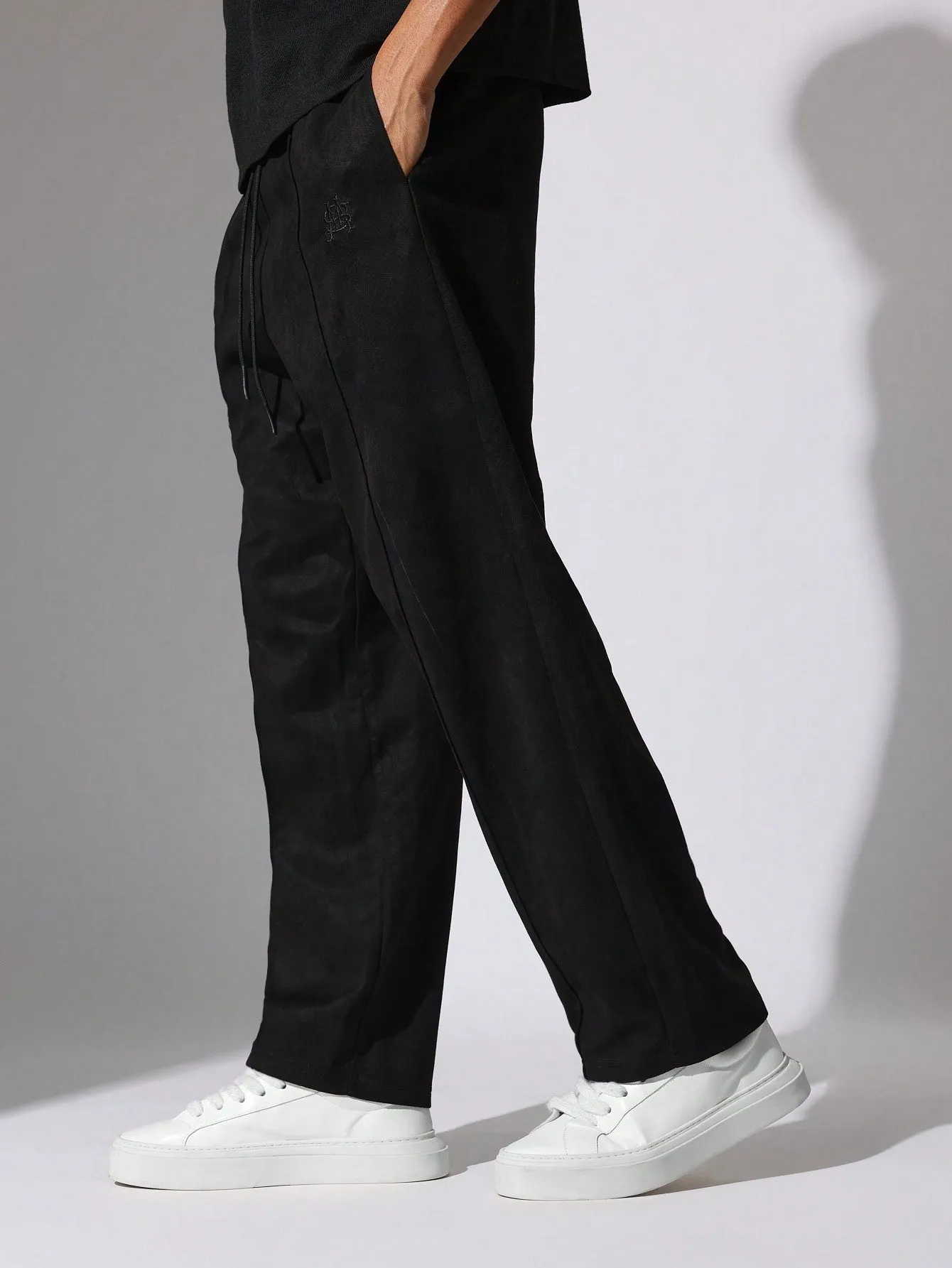 Straight Fit Suedette Sweatpants With Pleats & Drawstrings