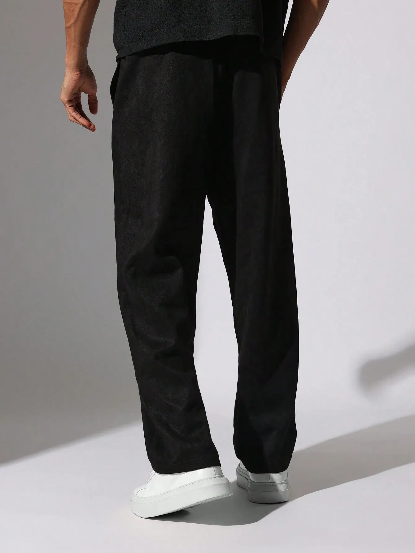 Straight Fit Suedette Sweatpants With Pleats & Drawstrings