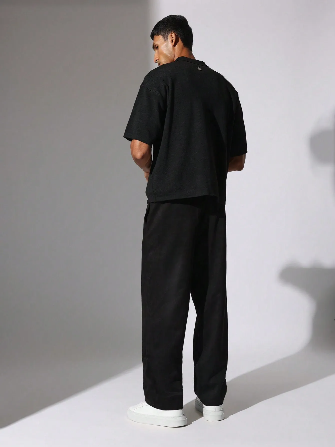 Straight Fit Suedette Sweatpants With Pleats & Drawstrings