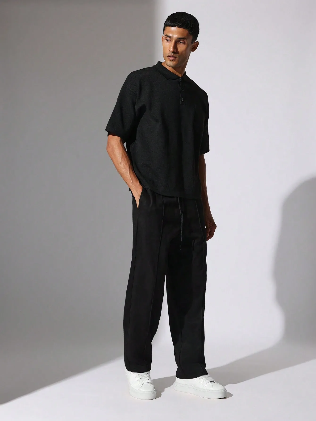 Straight Fit Suedette Sweatpants With Pleats & Drawstrings