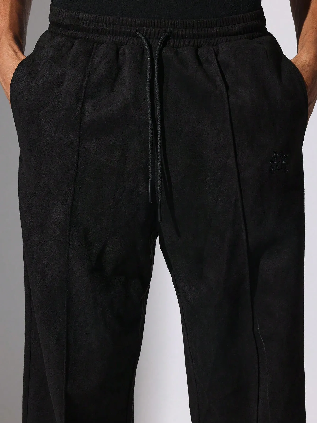 Straight Fit Suedette Sweatpants With Pleats & Drawstrings