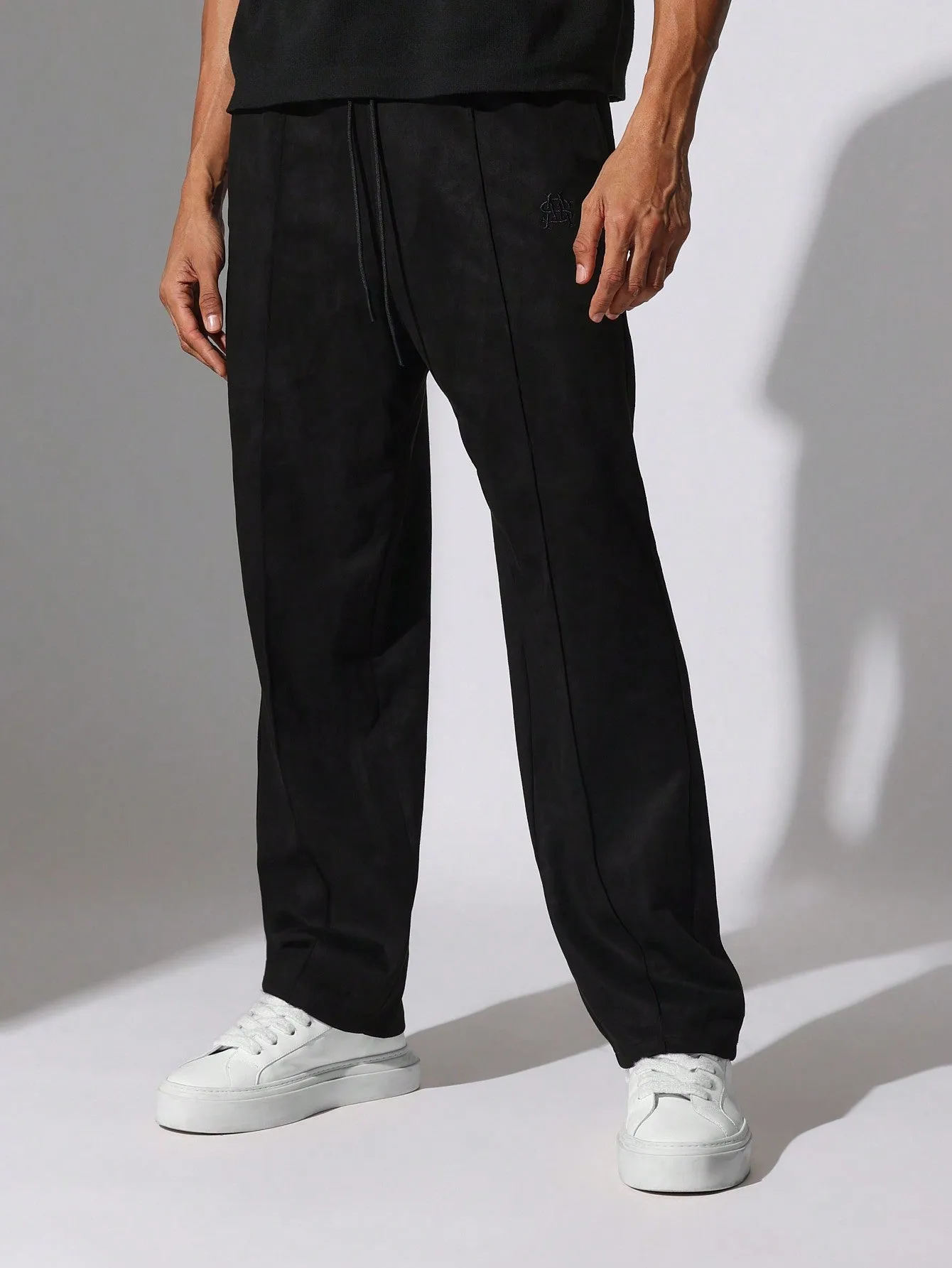 Straight Fit Suedette Sweatpants With Pleats & Drawstrings