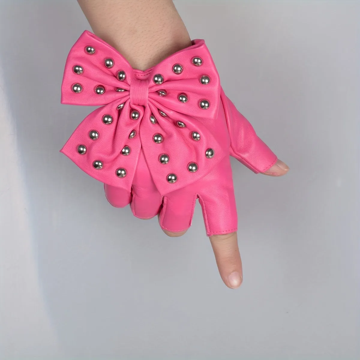 Stylish Rivet Bow PU Leather Half Finger Gloves for Women