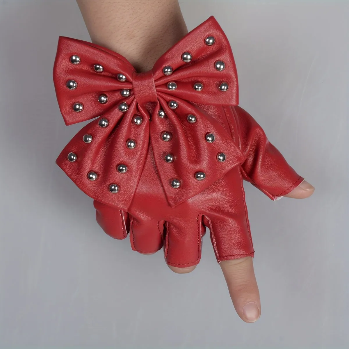 Stylish Rivet Bow PU Leather Half Finger Gloves for Women