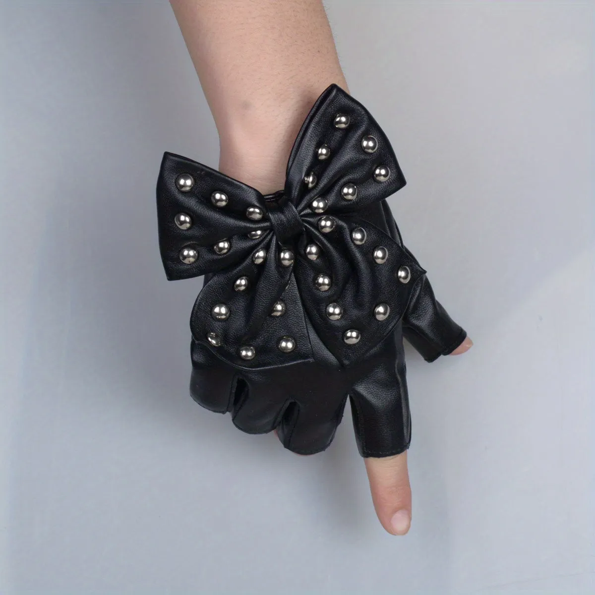 Stylish Rivet Bow PU Leather Half Finger Gloves for Women