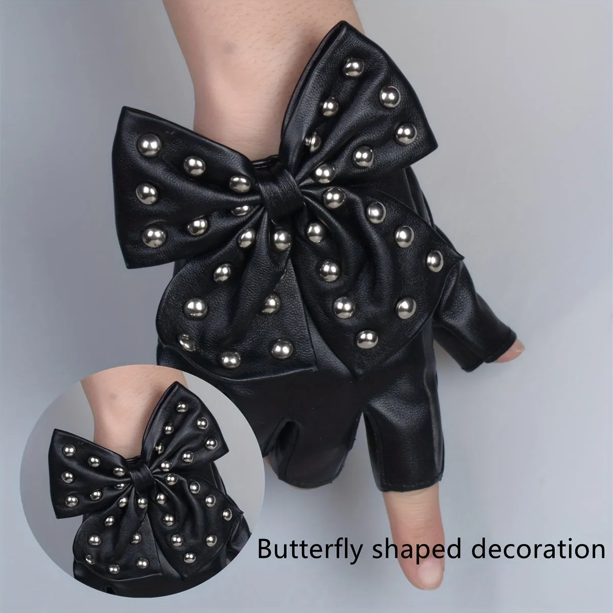 Stylish Rivet Bow PU Leather Half Finger Gloves for Women