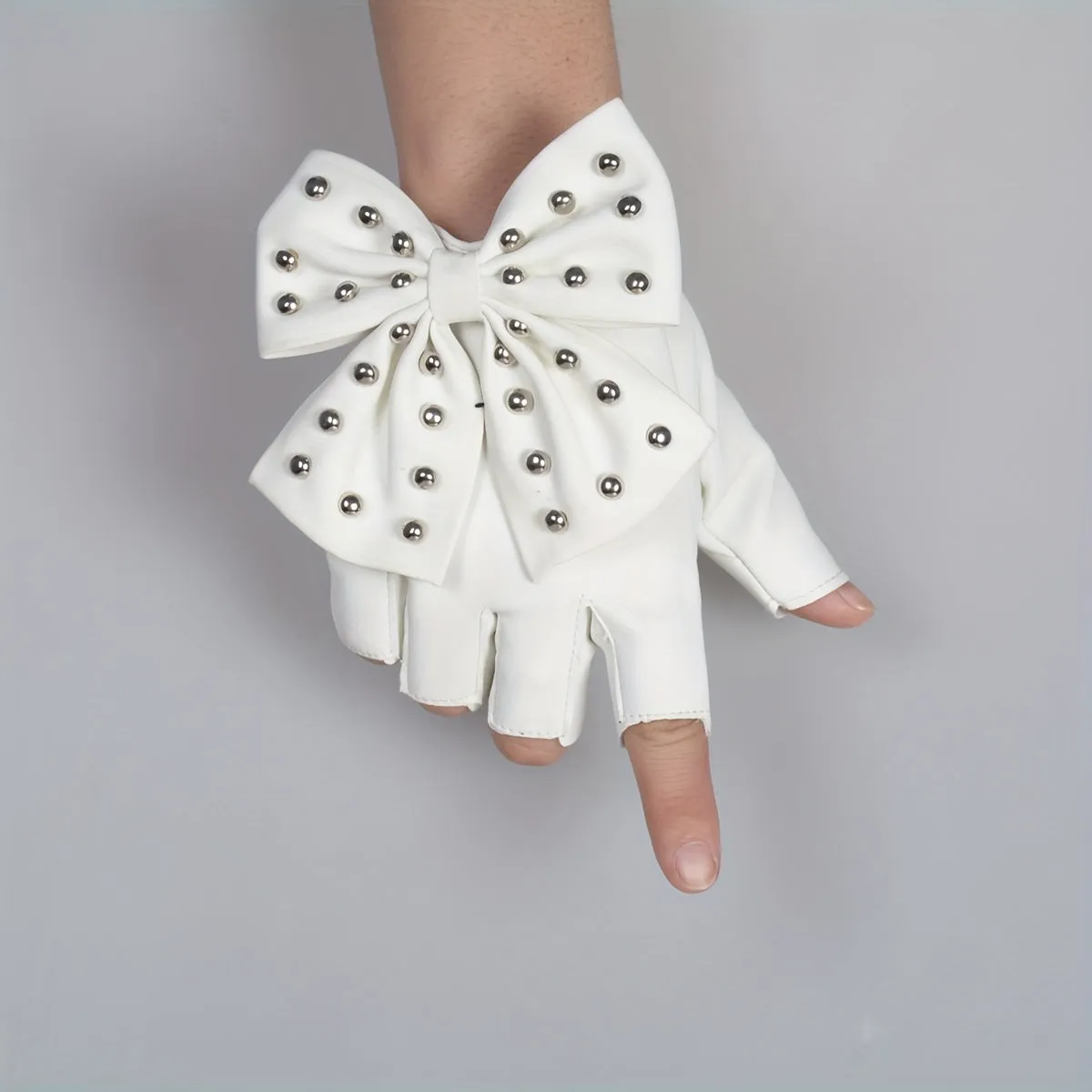 Stylish Rivet Bow PU Leather Half Finger Gloves for Women