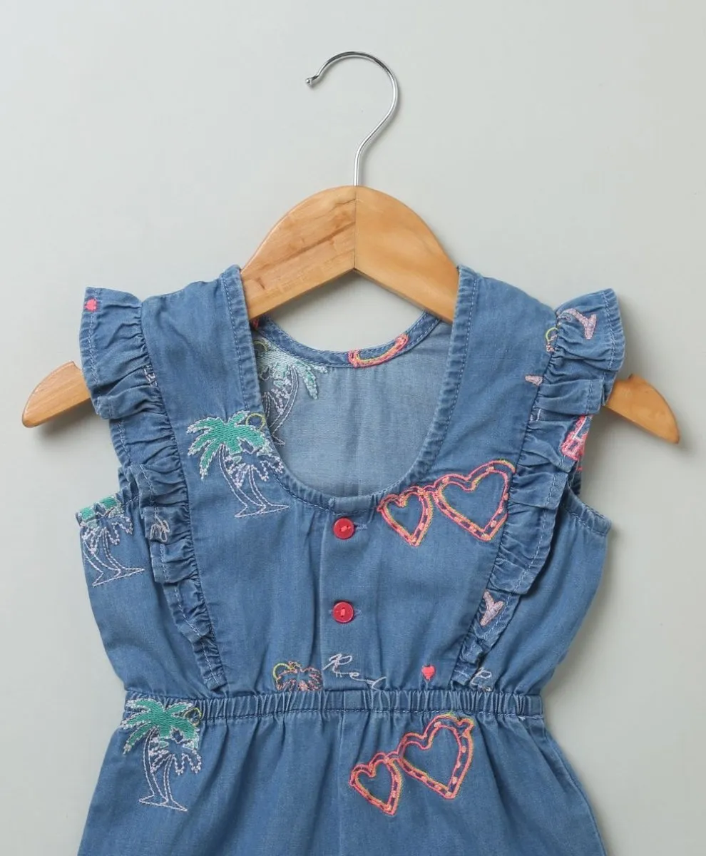 Sweetlime By AS Cotton Denim Playsuit with Palm Tree and Neon Heart Embroidery.