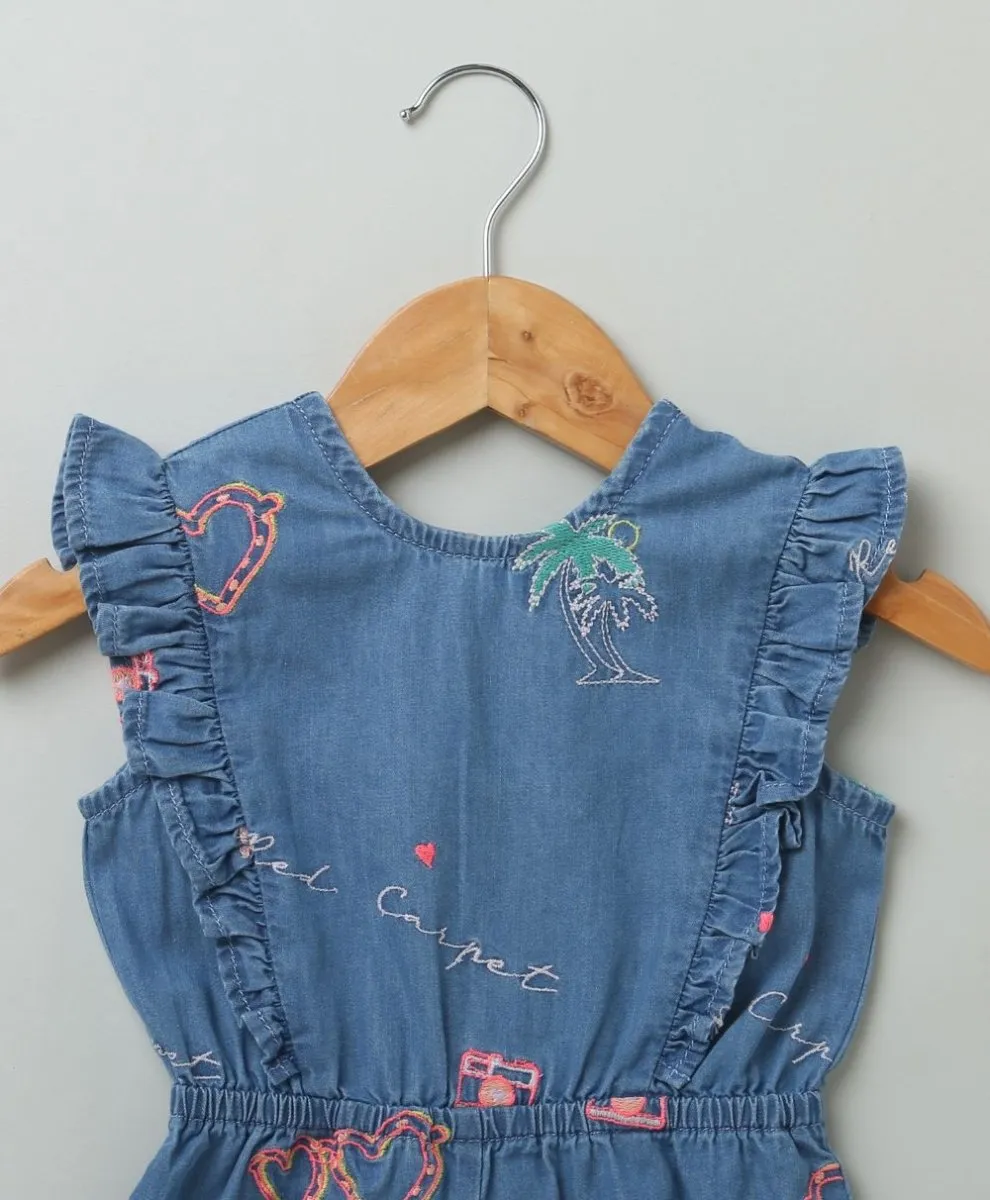 Sweetlime By AS Cotton Denim Playsuit with Palm Tree and Neon Heart Embroidery.