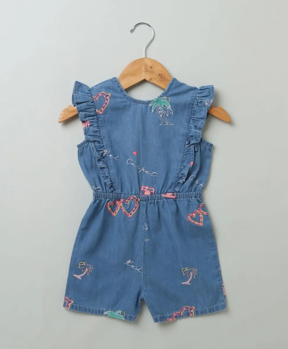 Sweetlime By AS Cotton Denim Playsuit with Palm Tree and Neon Heart Embroidery.