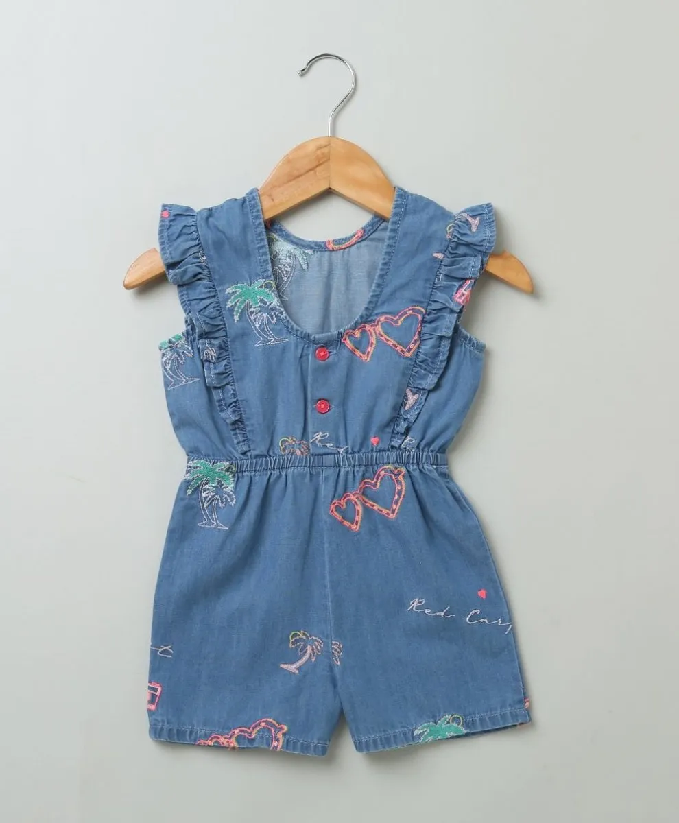 Sweetlime By AS Cotton Denim Playsuit with Palm Tree and Neon Heart Embroidery.