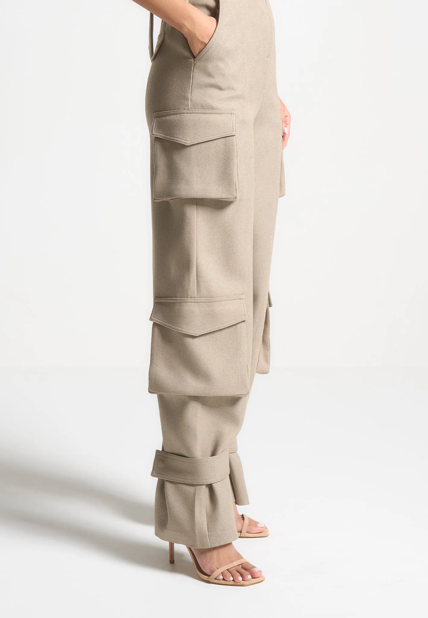 Tailored Halterneck Cargo Jumpsuit - Beige