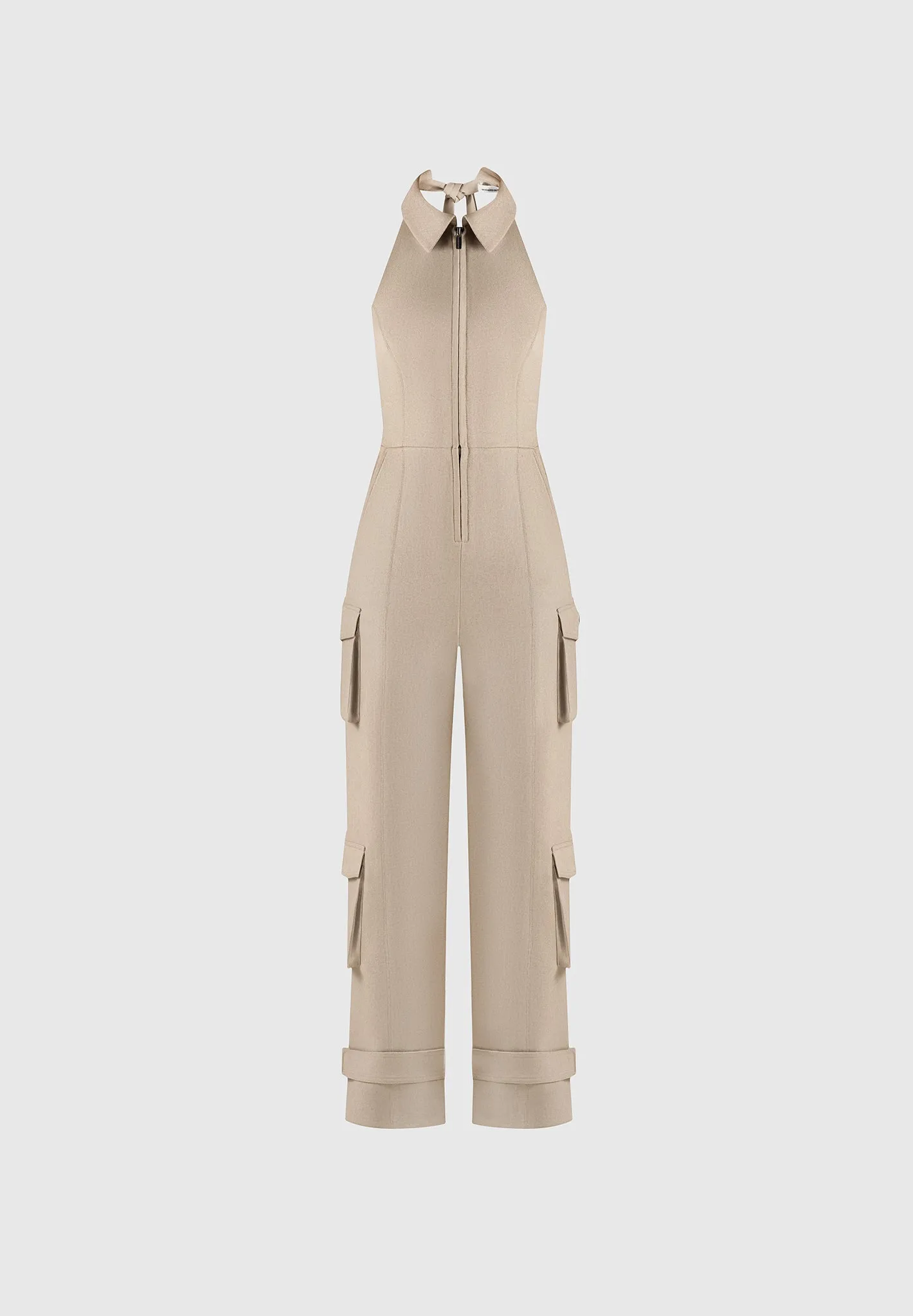 Tailored Halterneck Cargo Jumpsuit - Beige