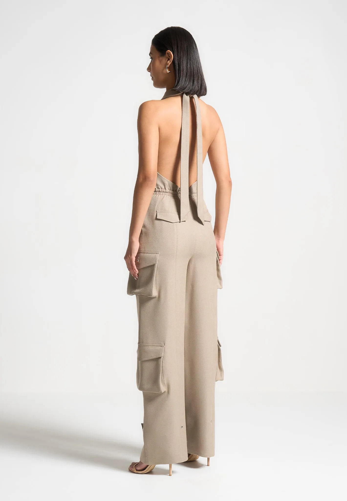 Tailored Halterneck Cargo Jumpsuit - Beige