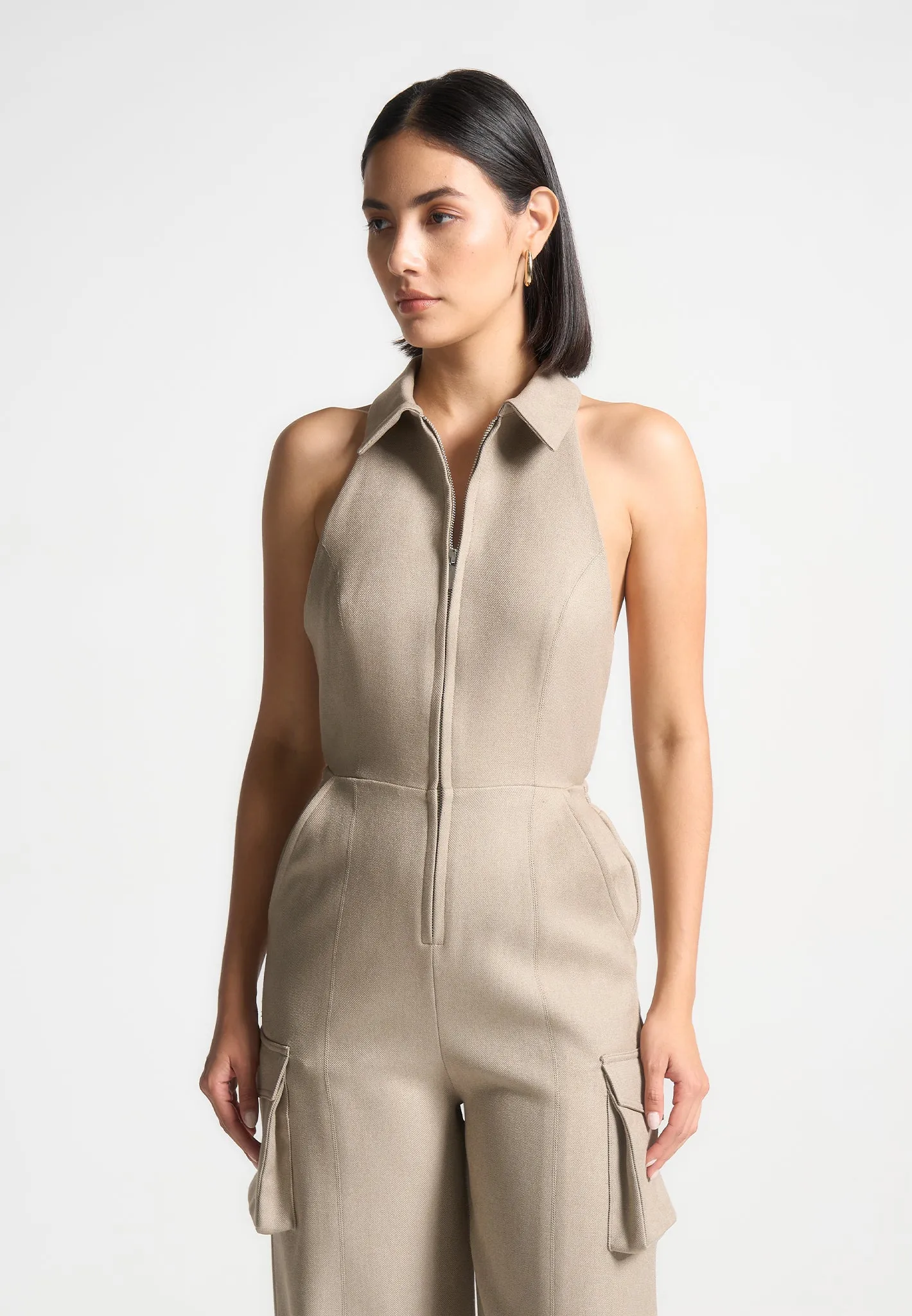 Tailored Halterneck Cargo Jumpsuit - Beige