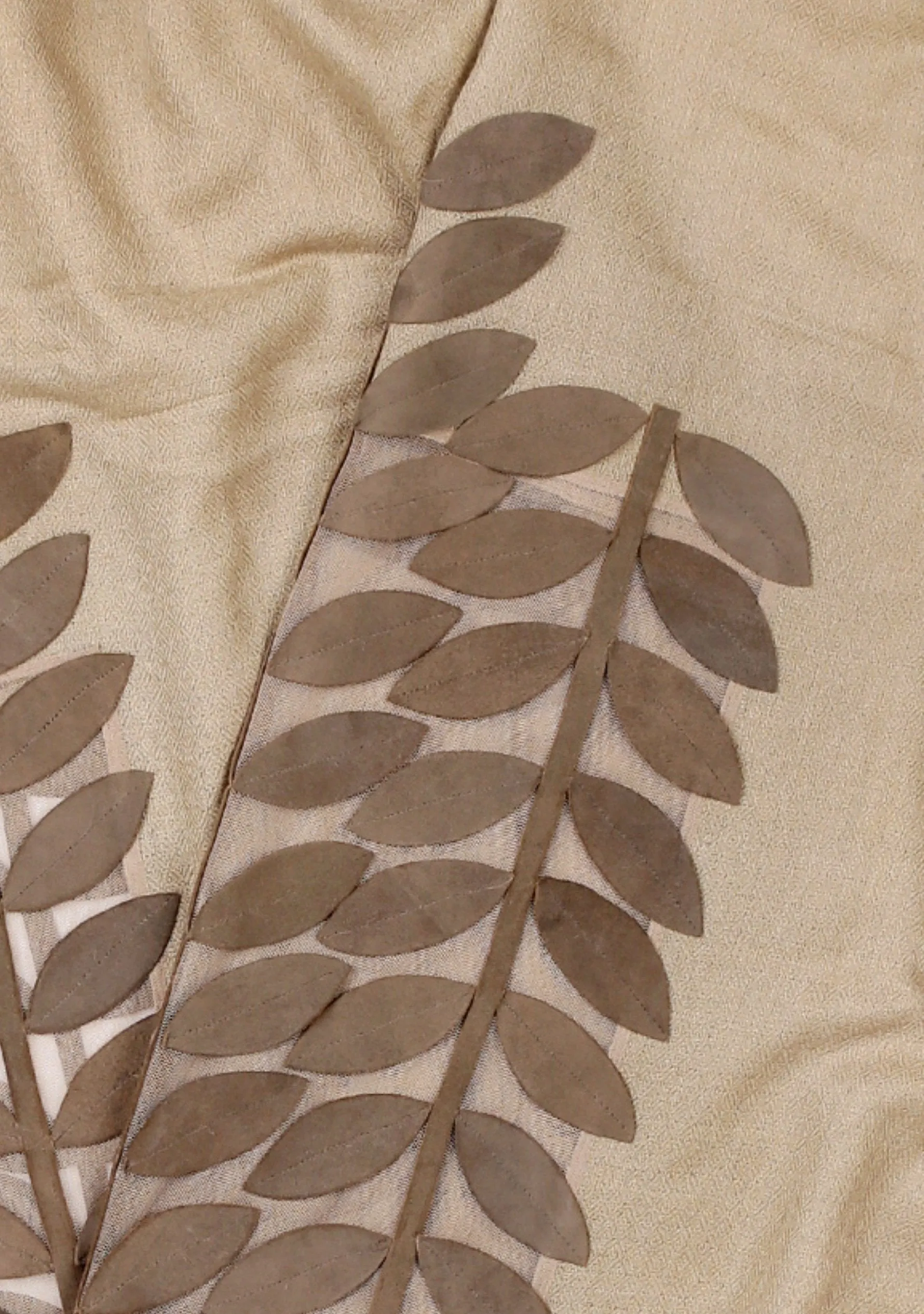 Taupe Cashmere Scarf with Mousse Suede Leather Leaf Applique Center Patch