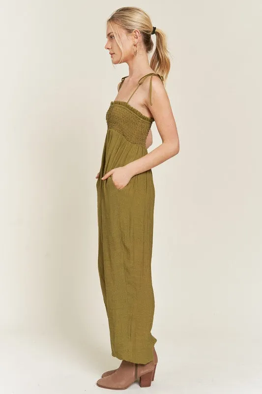 TEEK - SMOCKED SHOULDER TIE STRAP JUMPSUIT