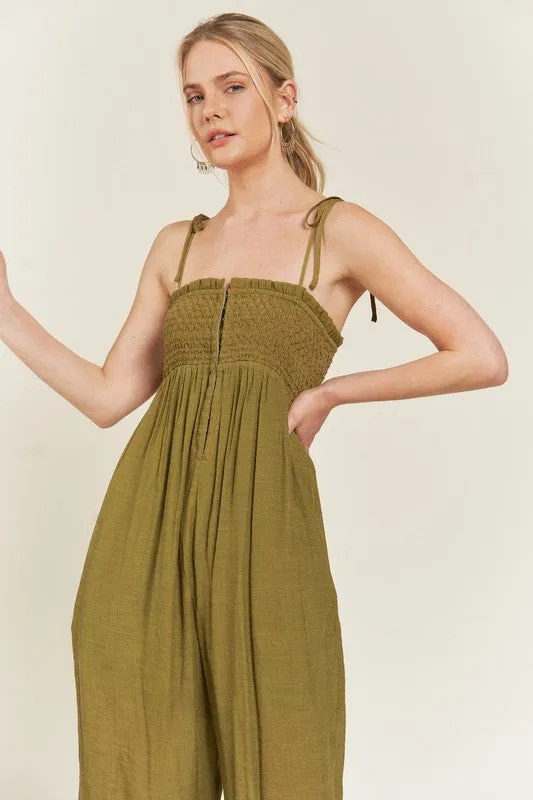 TEEK - SMOCKED SHOULDER TIE STRAP JUMPSUIT