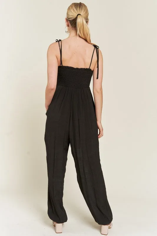 TEEK - SMOCKED SHOULDER TIE STRAP JUMPSUIT