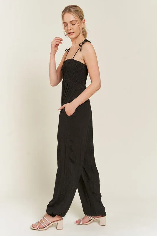 TEEK - SMOCKED SHOULDER TIE STRAP JUMPSUIT