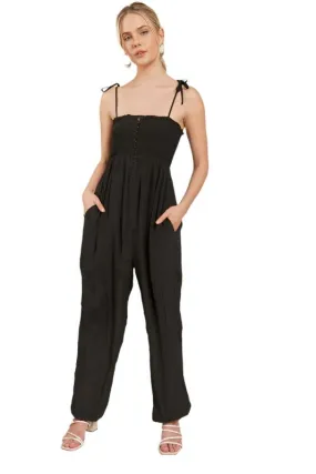 TEEK - SMOCKED SHOULDER TIE STRAP JUMPSUIT