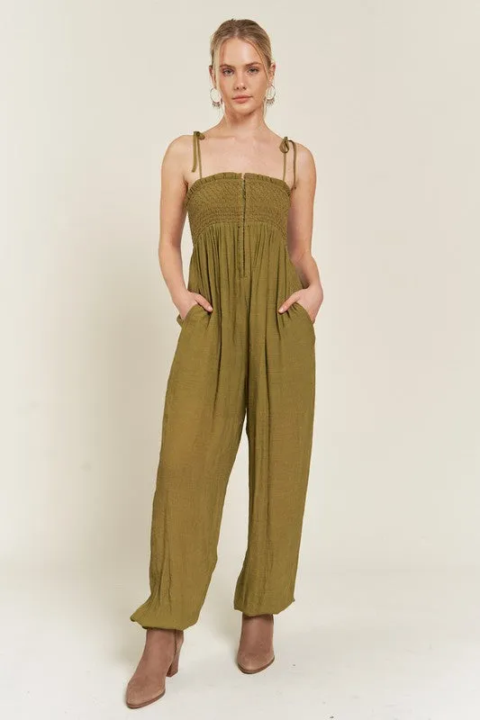 TEEK - SMOCKED SHOULDER TIE STRAP JUMPSUIT