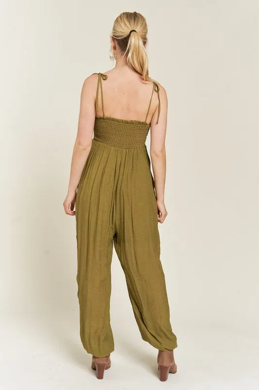 TEEK - SMOCKED SHOULDER TIE STRAP JUMPSUIT