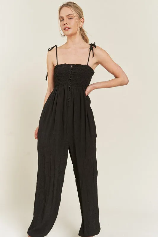 TEEK - SMOCKED SHOULDER TIE STRAP JUMPSUIT