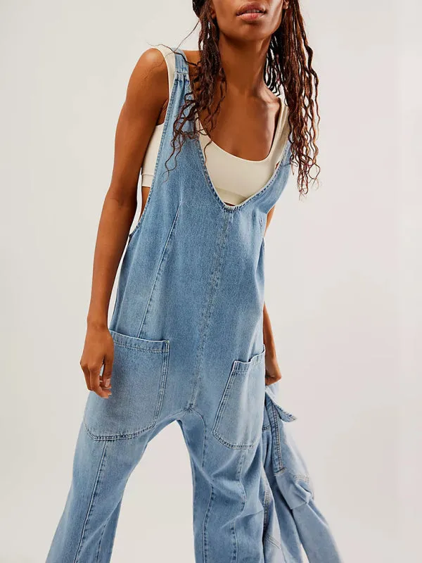 TEEK - Washed Denim V-Neck Adjustable Overalls