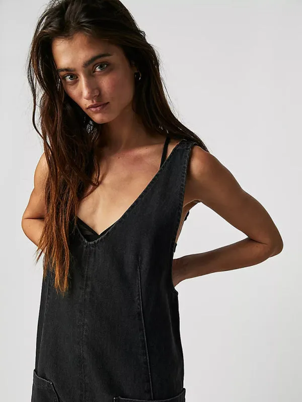 TEEK - Washed Denim V-Neck Adjustable Overalls