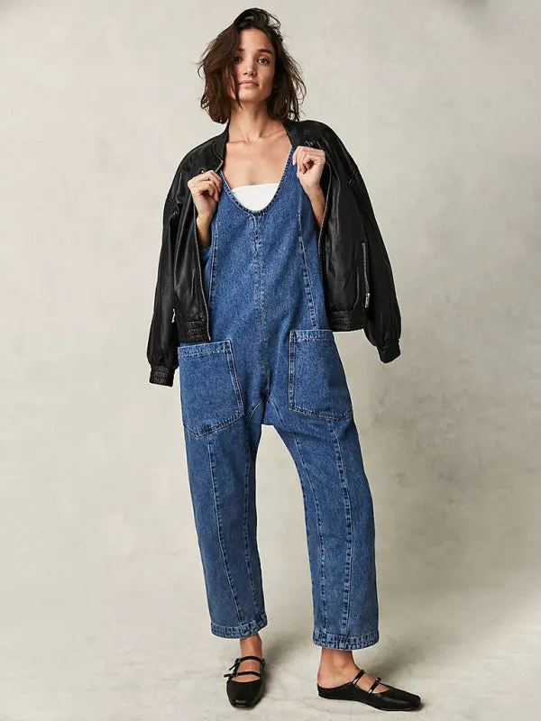 TEEK - Washed Denim V-Neck Adjustable Overalls