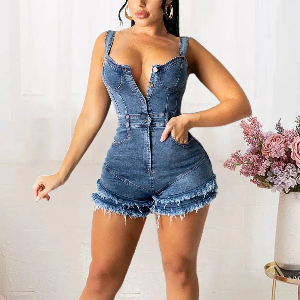 Trendy Denim With Suspenders Backless Tassel Jumpsuit