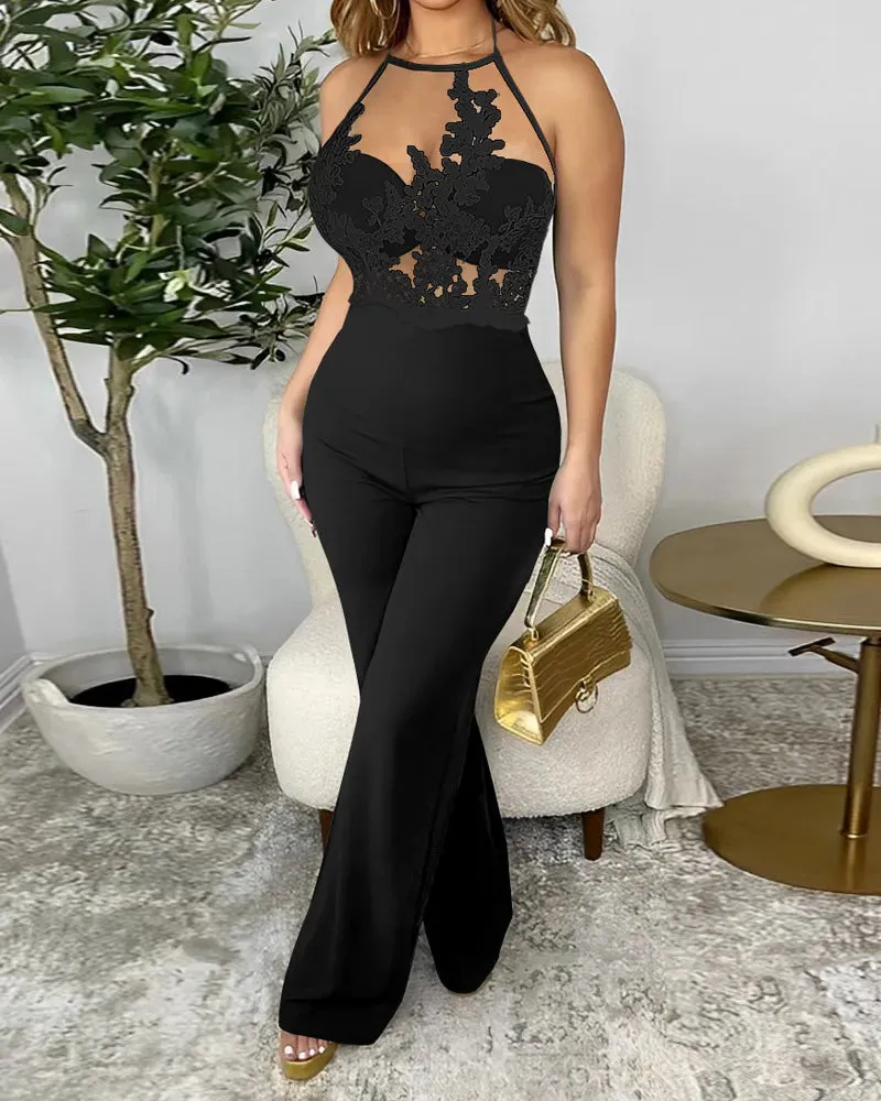 Trendy Lace Thin Strap Mesh Jumpsuit