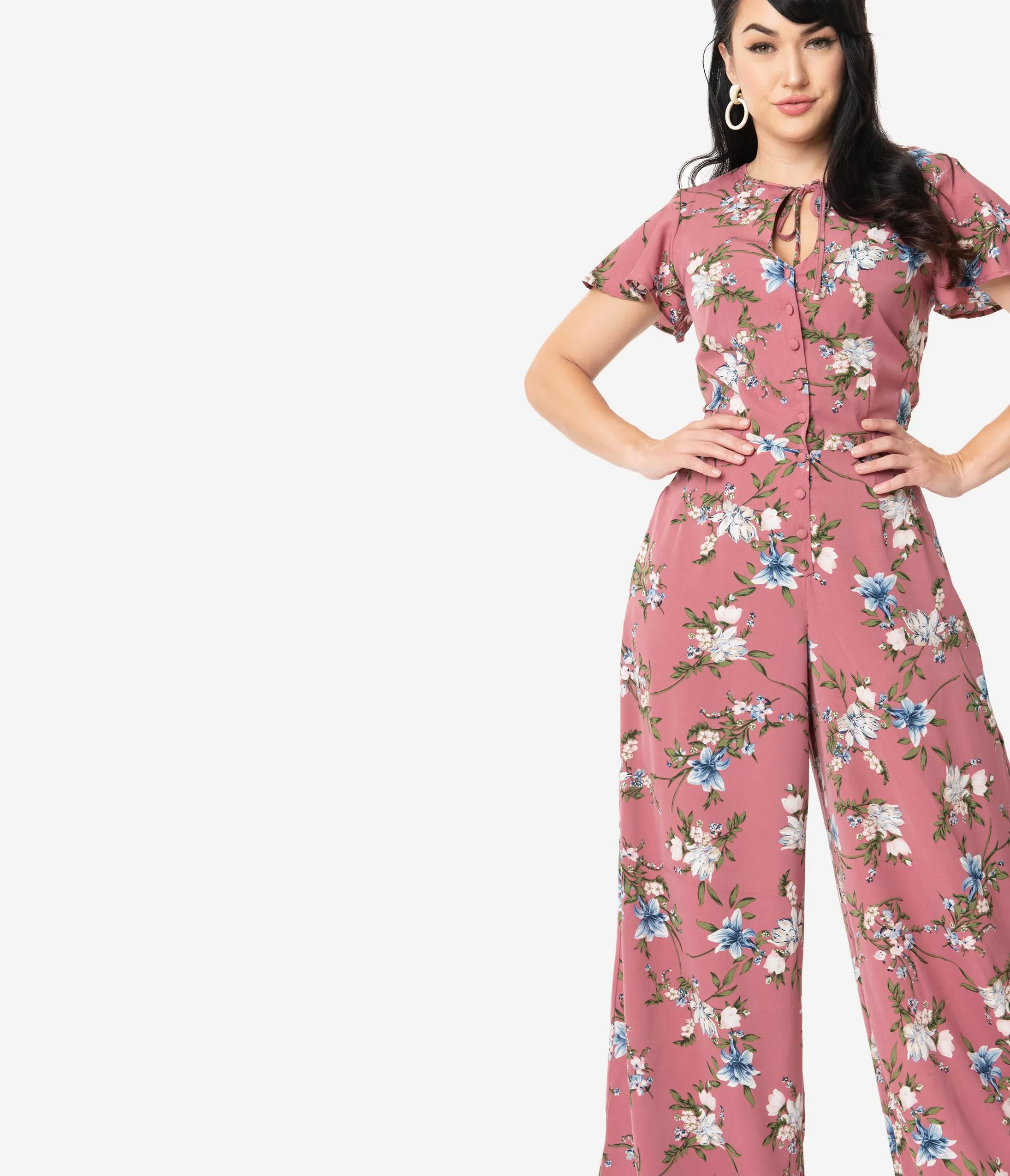 Unique Vintage 1960s Mauve Pink Floral Print Orleans Jumpsuit