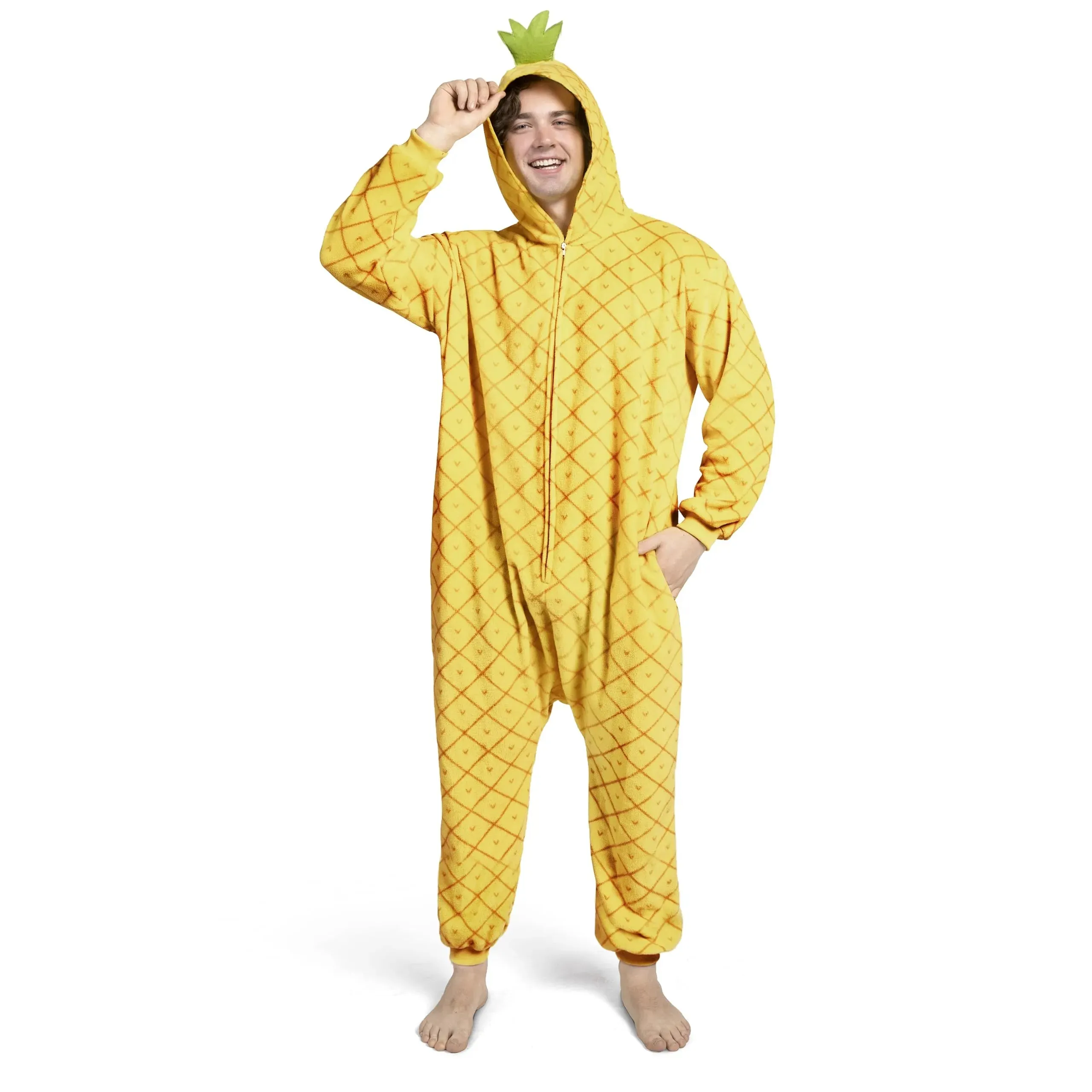 Unisex Adult Pineapple Pajama Plush Jumpsuit Yellow Hooded Dress Up