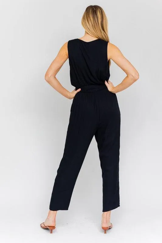 V-Neck  Waist Tie Sleeveless Jumpsuit