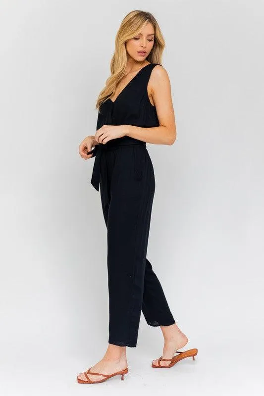 V-Neck  Waist Tie Sleeveless Jumpsuit