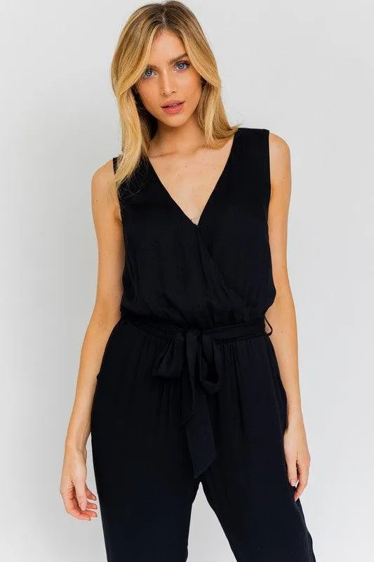 V-Neck  Waist Tie Sleeveless Jumpsuit