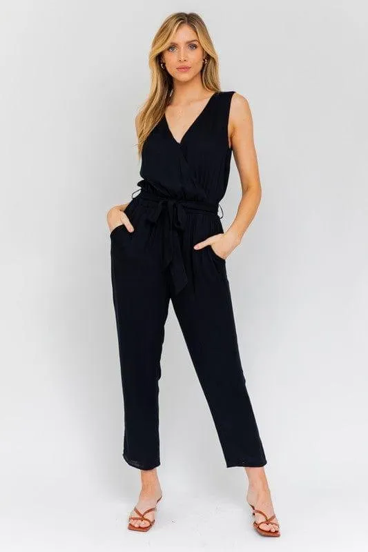 V-Neck  Waist Tie Sleeveless Jumpsuit