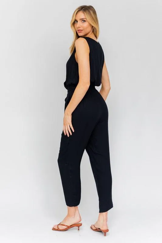 V-Neck  Waist Tie Sleeveless Jumpsuit